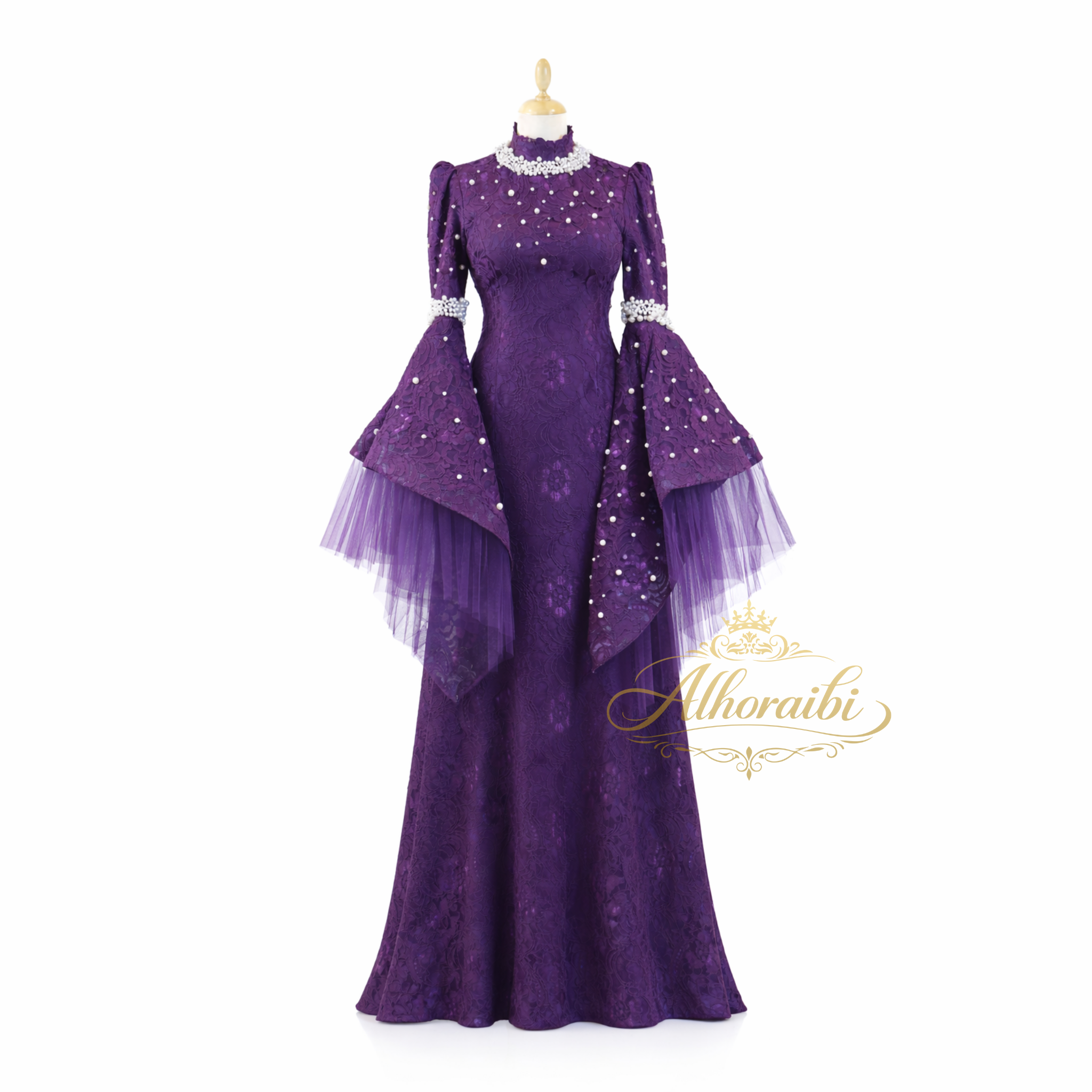 فستان بنفسجي دانتيل فخم بتصميم خليجي بأكمام تول مزينة باللؤلؤ للسهرات والمناسبات